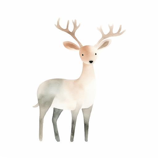 a cute watercolor minimalistic simple reindeer , organic forms, in the style of Jon Klassen, light and airy pastel color palette, nursery art, white background