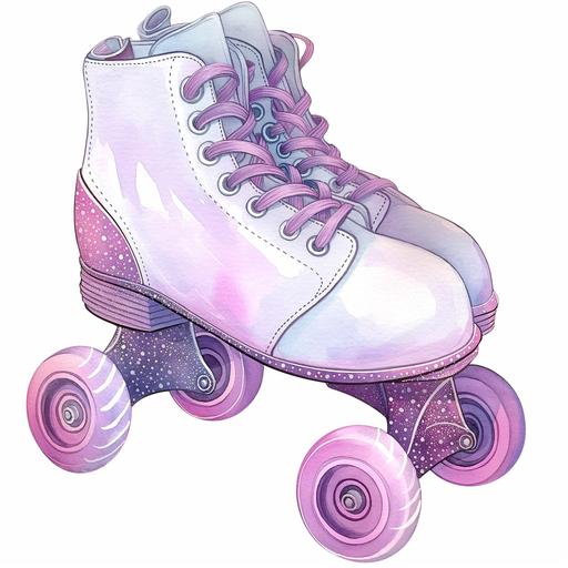 a cute watercolor style roller skates with the wheels being pink glitter and the laces on the skates being purple glitter laces on the white rollerskate shoe cartoon cute watercolor style --v 6.0