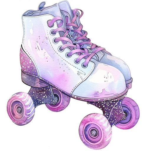 a cute watercolor style roller skates with the wheels being pink glitter and the laces on the skates being purple glitter laces on the white rollerskate shoe cartoon cute watercolor style