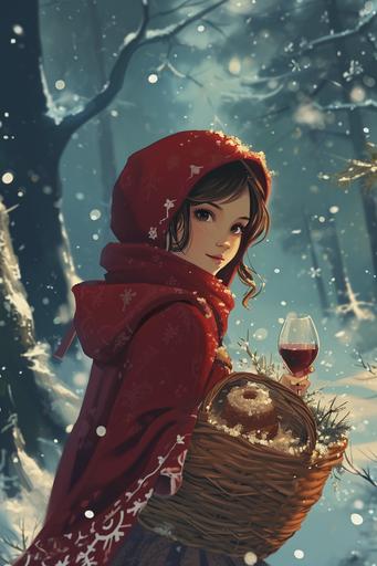 a cute young woman with brown hair and a red hood, standing in a winter forest, a brown basket with wine and cake in her hand, she is wearing an ugly sweater, peaceful winter night with snowflakes, computer animation niji style --ar 2:3 --v 6.0