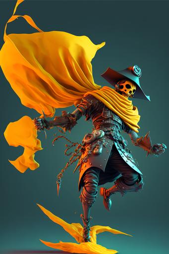 a cyber digital pirate character design, flying out of the galaxy and raise the yellow flag, heroic and dramatic pose, color grading, utra-wide angle, depth of field, CGI, digital art, digital concept, full body details design, yellow background, digital items floating 4K --ar 2:3 --q 2 --v 4 --uplight