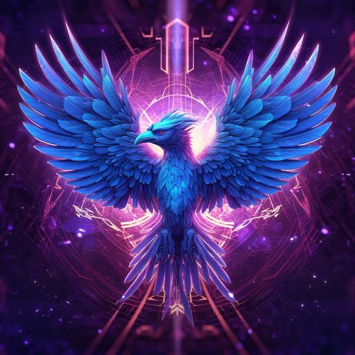 a cyber phoenix with digital feather, blue phoenix, purple minimalist sci-fi background