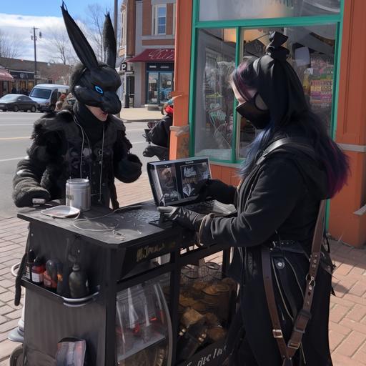 a cybergoth half-human-half-rabbit person buying coffee from a cart vendor in Cybergothic Moncton NB --q 1 --v 5 --s 250