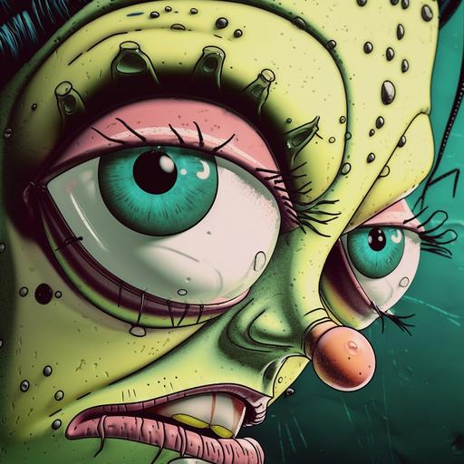 a cybergoth woman with sleep filled eyes and flys, parched dry frog lips, bulging eyes, in ren and stimpy style, Gross-Up Close-Up, hyper detail, depressing, gross, bob camp style, spongebob style, funny --v 5 --q 2