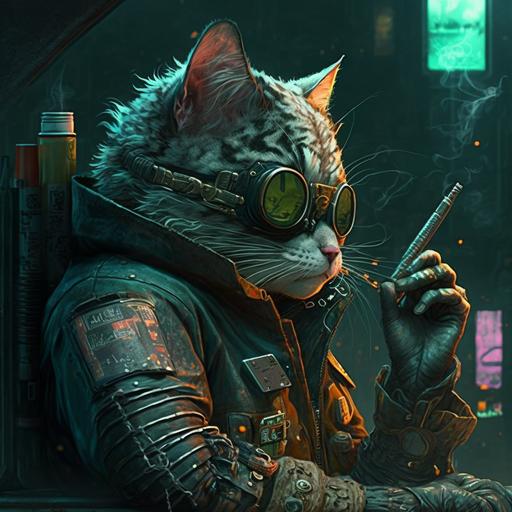 a cyberpunk bandit cat smokes a cigar 4k