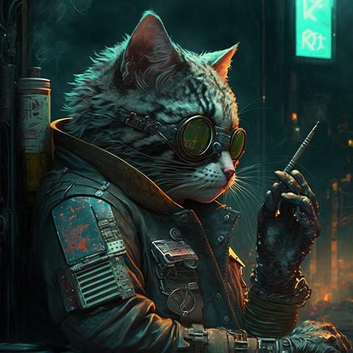 a cyberpunk bandit cat smokes a cigar 4k