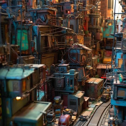 a cyberpunk city made of recycled material like carboard and water bottles and bottle caps and buttons in the afternoon to use as a background plate in a puppet movie--no cartoon --no anime --v 5