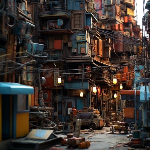 a cyberpunk city made of recycled material like carboard and water bottles and bottle caps and buttons in the afternoon to use as a background plate in a puppet movie--no cartoon --no anime --v 5.2