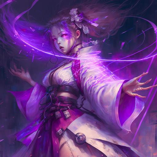 a cyberpunk miko female shrine maiden in white and purple, using song magic, glowing purple streamers of music energy around her, dancing in the street --v 4