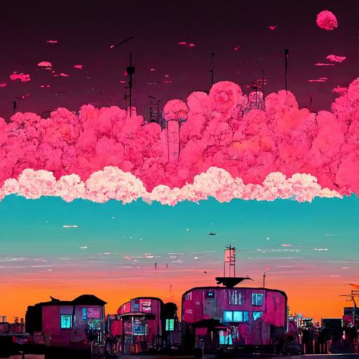 a cyberpunk town with retro colors, flowers on the houses walls and tie dye floor, pink cotton candy clouds and jelly sun, cartoon style