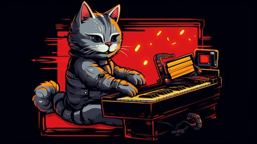 a cyborg cat playing piano cartoon style --ar 16:9