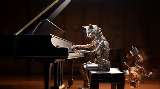 a cyborg cat playing piano cartoon style --ar 16:9