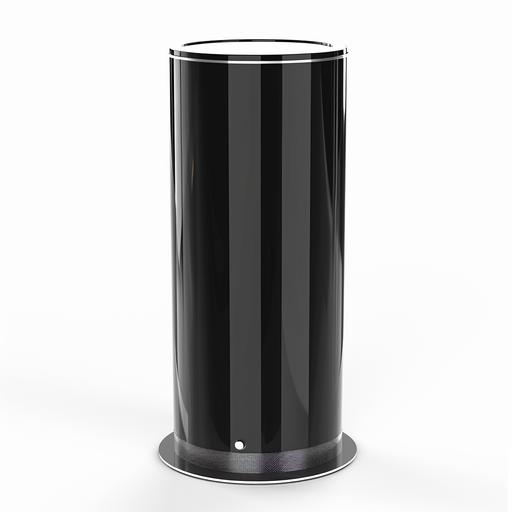 a cylinder shaped digital stand, with award wining design features, glossy black, metal accents, on white --s 50
