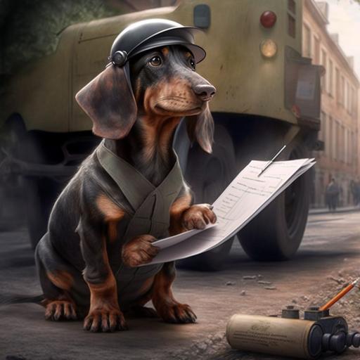 a dachshund dressed as an engineer, on a road, counting vehicle traffic with a clipboard, ultra-realistic