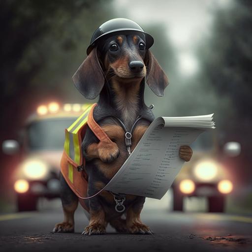 a dachshund dressed as an engineer, on a road, counting vehicle traffic with a clipboard, ultra-realistic
