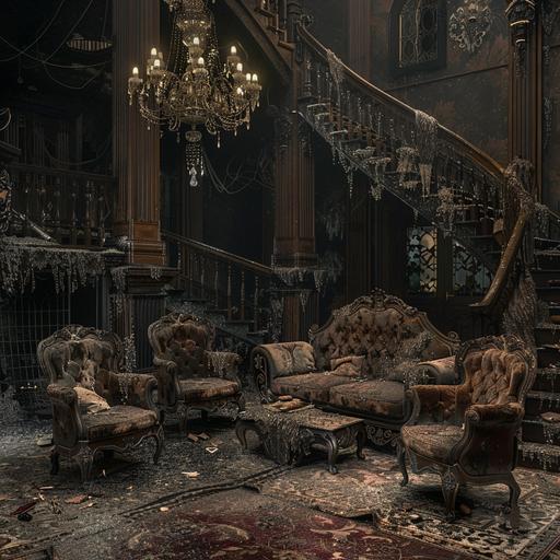 a dark and dilapidated victorian medieval foyer with rotting fancy couches and chairs and a broken crystal chandelier