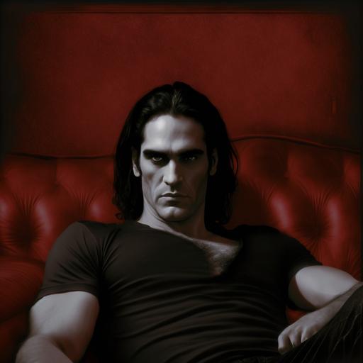 a dark brooding man, super tall, masculine, wearing a black T-shirt, lounging on a red velvet couch, young Peter Steele, dark, ominous, photo realistic, 8k, extremely handsome, vampire