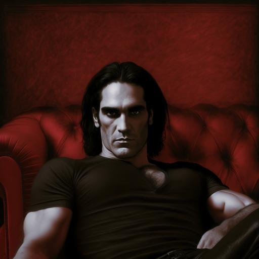 a dark brooding man, super tall, masculine, wearing a black T-shirt, lounging on a red velvet couch, young Peter Steele, dark, ominous, photo realistic, 8k, extremely handsome, vampire