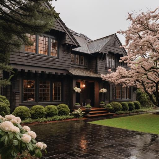 a dark brown New England shingle style home with large squared windows and beautiful trees and flowers are around. the weather is slightly gloomy