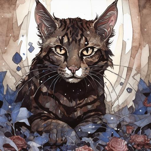 a dark brown marbled cat with a white underbelly, dark blue eyes, rose petals scattered through pelt, graphic novel style