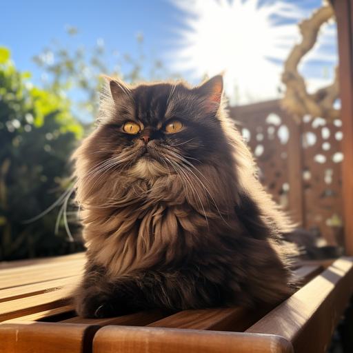 a dark brown persian cat sitting on the wooden bench staring at the sun