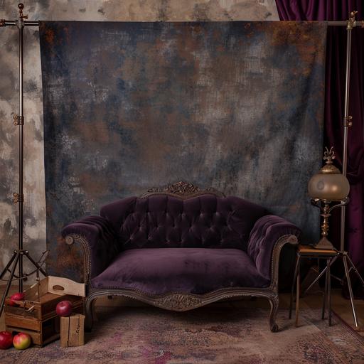 a dark brownish-blue hand-painted canvas background hanging from a wooden pole. The background is clamped to the pole. In front of the backdround is a purple, velvet loveseat facing directly ahead. There is light coming from the upper left and shining down onto the loveseat. There are some apple boxes on one side of the chair, and a side table with an antique lamp on the other side of the loveseat. A soft light is lighting up the lamp. The loveseat is sitting on a deep red turkish rug.
