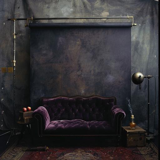 a dark brownish-blue hand-painted canvas background hanging from a wooden pole. The background is clamped to the pole. In front of the backdround is a purple, velvet loveseat facing directly ahead. There is light coming from the upper left and shining down onto the loveseat. There are some apple boxes on one side of the chair, and a side table with an antique lamp on the other side of the loveseat. A soft light is lighting up the lamp. The loveseat is sitting on a deep red turkish rug. The scene is shot with an 85mm Canon lens at f5.6. It is lit with a large softbox high and to the left. The lamp is on. The far background is dark grey.