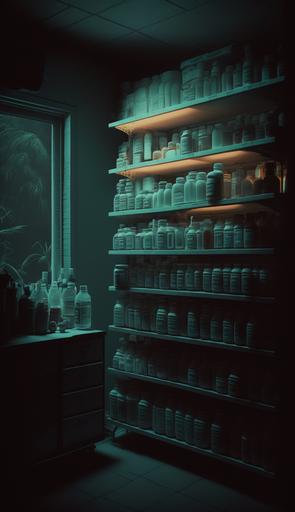 a dark cinematic pharmacy with shelves full of medication, 8k, cinematic, hasselblad --ar 9:16