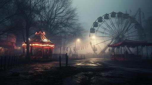 a dark foggy enviroment with a old run down abandoned carnival, broken Merry go round, Bumper cars, cotton candy stand, ferris wheel, Photo realistic,--testp --ar 16:9 --s 750 --q 2