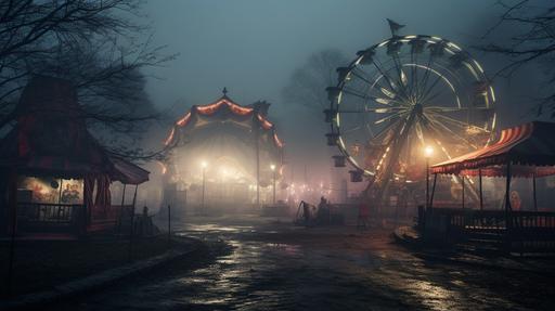 a dark foggy enviroment with a old run down abandoned carnival, broken Merry go round, Bumper cars, cotton candy stand, ferris wheel, Photo realistic,--testp --ar 16:9 --s 750 --q 2