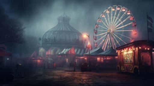 a dark foggy enviroment with a old run down carnival, broken Merry go round, Bumper cars, cotton candy stand, ferris wheel, Photo realistic,--testp --ar 16:9 --s 750 --q 2