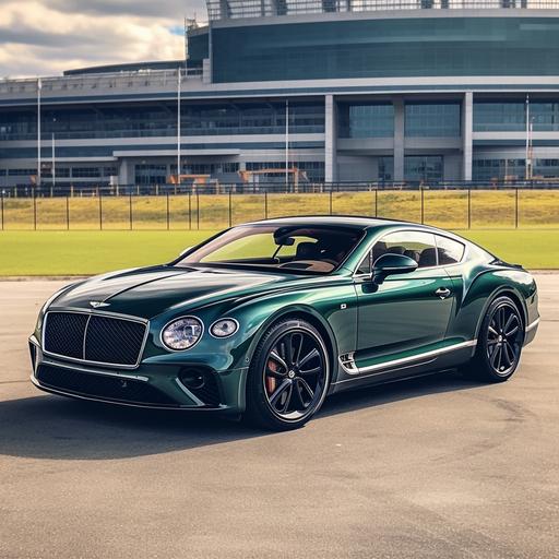 a dark forest green Bentley continental gt custom parked on the turf at the New York jets football stadium, ultra realistic