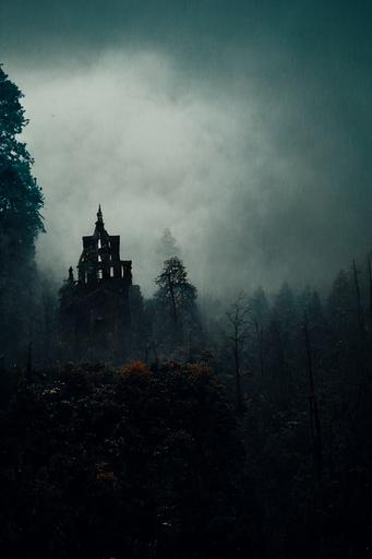 a dark forest, old oak trees, spooky and moody, overgrown, ruins of an old building, mist, photorealistic, hyperdetailed, 4k, 8k, leica 16mm, f1.4, kodachrome --ar 2:3 --uplight