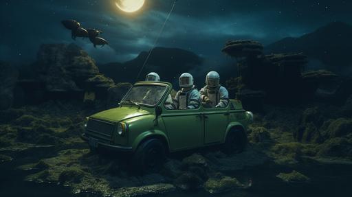 a dark green fiat 126p convertible in earth's orbit, with 2 austronauts in spacesuit sitting inside, hyperreal, atmospheric, moody light, hyper detailed, cinematic, shot in the style of wes anderson --ar 16:9
