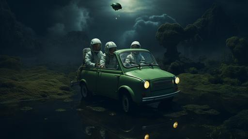 a dark green fiat 126p convertible in earth's orbit, with 2 austronauts in spacesuit sitting inside, hyperreal, atmospheric, moody light, hyper detailed, cinematic, shot in the style of wes anderson --ar 16:9