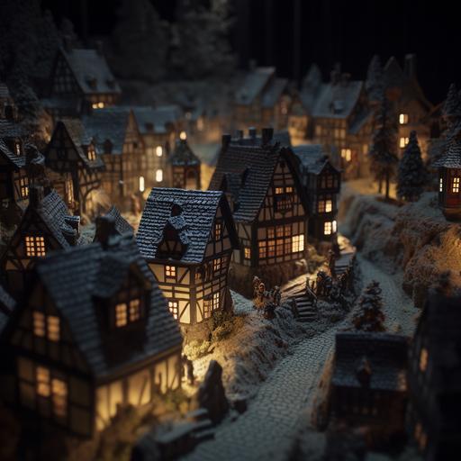 a dark medieval town on crystal knit fabric, refractions, 25mm Zeiss, spot ligthing --v 5 --q 2