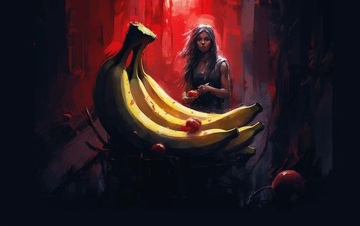 a dark picture of banana with a black and red background, in the style of speedpainting, sergey musin, rebecca sugar, loose, painterly style, detailed character expressions, futuristic victorian, michael malm --ar 43:27 --v 5.1