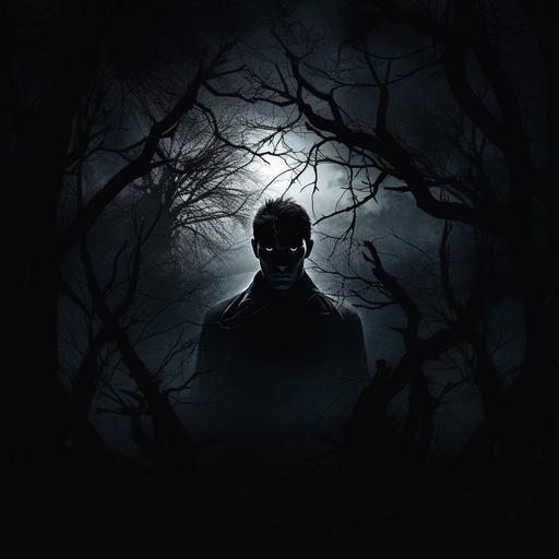 a dark shadow looking you with glowing eyes and dark forest background and full moon with vampire teet very scary