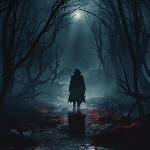 a dark shadow looking you with glowing eyes and dark forest background and full moon with vampire teet very scary