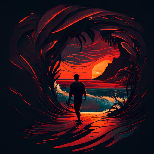 a dark, silhouette, walking into a Hawaiian sunset, perched inside of a Ripcurl wave, warm, oranges, and reds composition, medium 8k