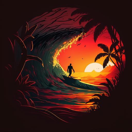 a dark, silhouette, walking into a Hawaiian sunset, perched inside of a Ripcurl wave, warm, oranges, and reds composition, medium 8k