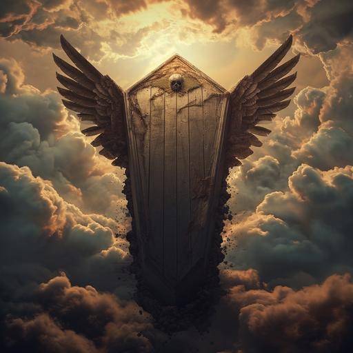 a dark wooden coffin with airplane wings in the sky with clouds --v 6.0