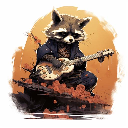 a day of the dead racoon, wearing a katana, poised to attack done in a gritty anime art style