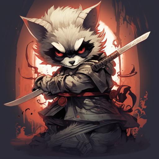 a day of the dead racoon, wearing a katana, poised to attack done in a gritty anime art style --v 5.2