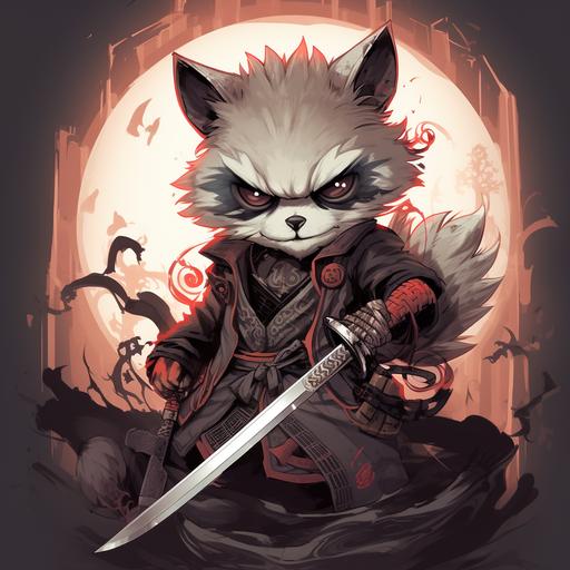 a day of the dead racoon, wearing a katana, poised to attack done in a gritty anime art style