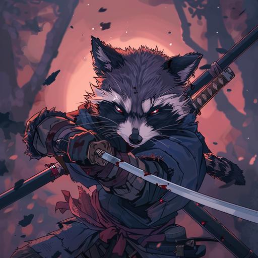 a day of the dead racoon, weilding a katana, poised to attack, completed in a gritty anime style --v 6.0