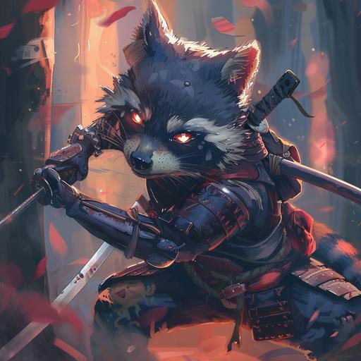 a day of the dead racoon, weilding a katana, poised to attack, completed in a gritty anime style --v 6.0