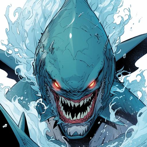 a dc comics cover for the shark poster, in the style of warren ellis, shadowy intensity, manticore, einar hákonarson, aquamarine, --niji 5
