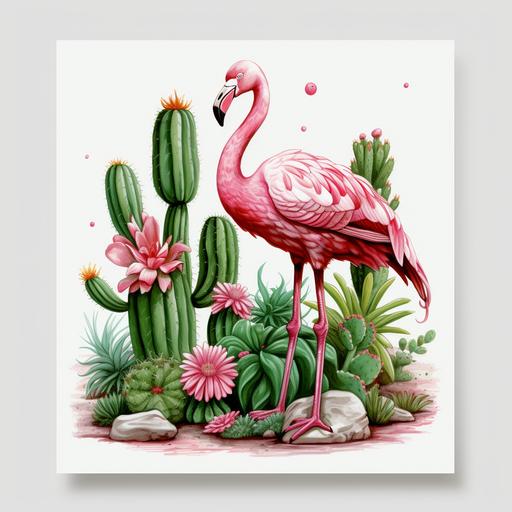 a decor made of cactus, watercolor style, drawing, a pink flamingo, white background, cartoon, popart, - ar 16:9, comics