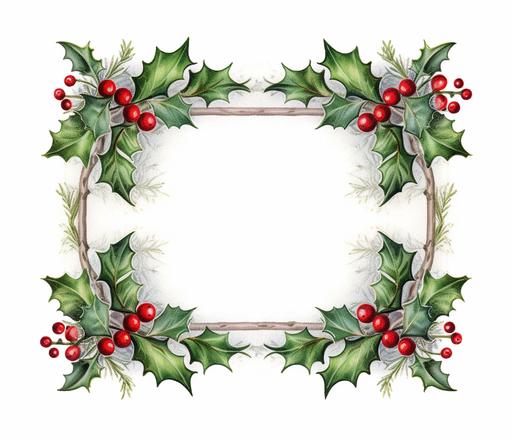a decorative christmas themed frame, holly berry leaves and berries, blank interior, solid white background, digital art --ar 37:32 --v 5.1